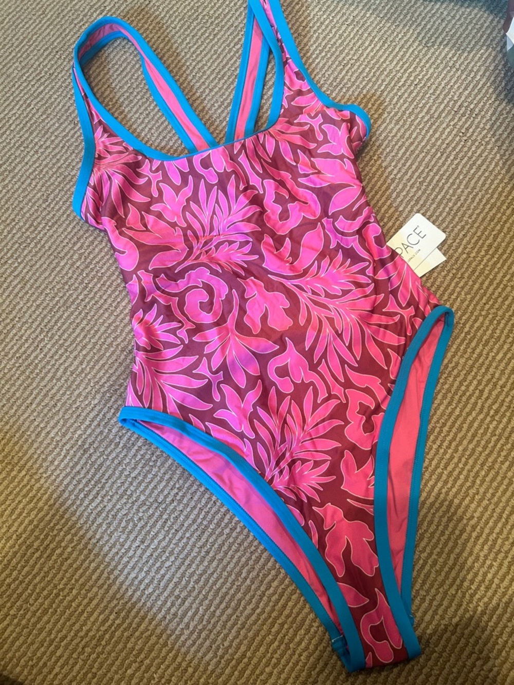 NWT L* space ebony one piece in pink Floral Swimsuit with Blue Trim size small